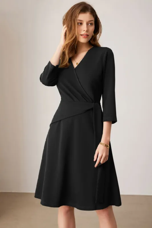 Casual V Neck Pleated 3/4 Sleeve Midi Dress sold by Grace Karin