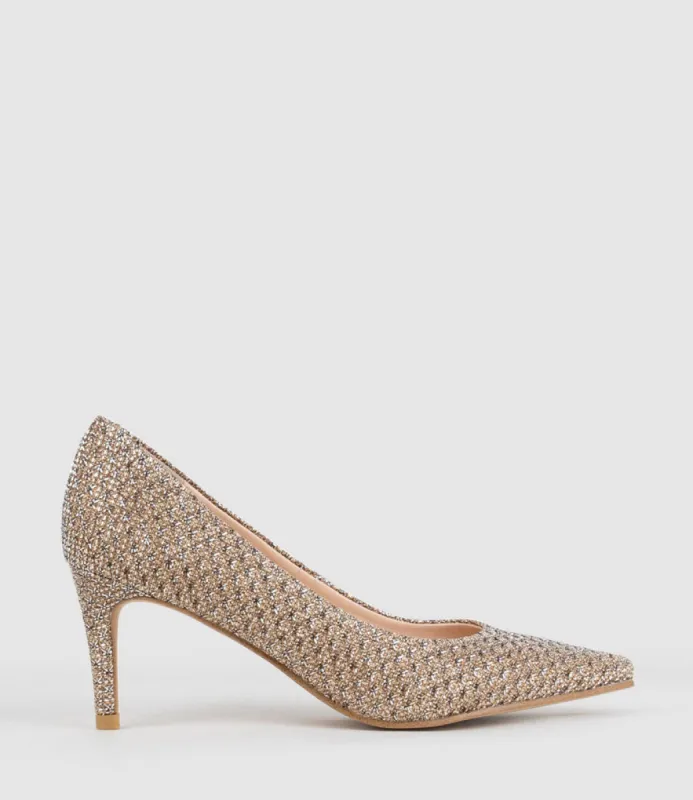 ADRIA 75mm Pointed Toe Pump in Copper Metallic Fabric sold by Edward Meller