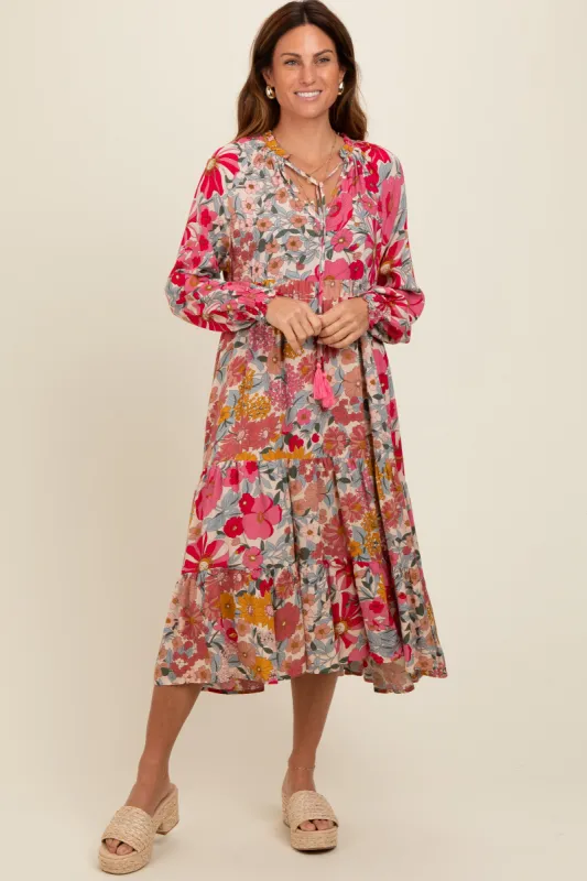 Pink Floral Tassel Tie Tiered Midi Dress sold by Pinkblush