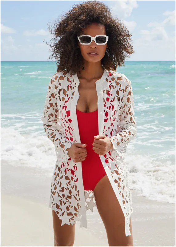 Star Lace Button Down - White sold by VENUS