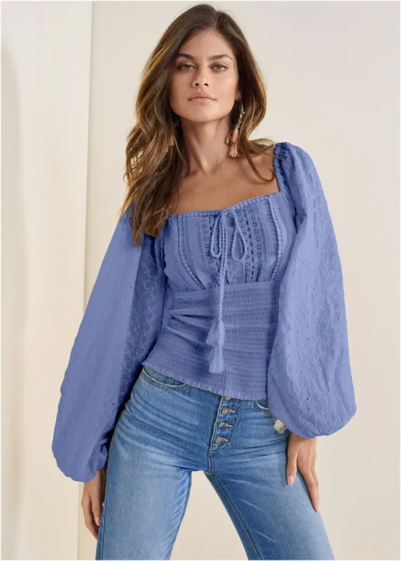 Smocked Eyelet Tassel Top - Light Blue sold by VENUS