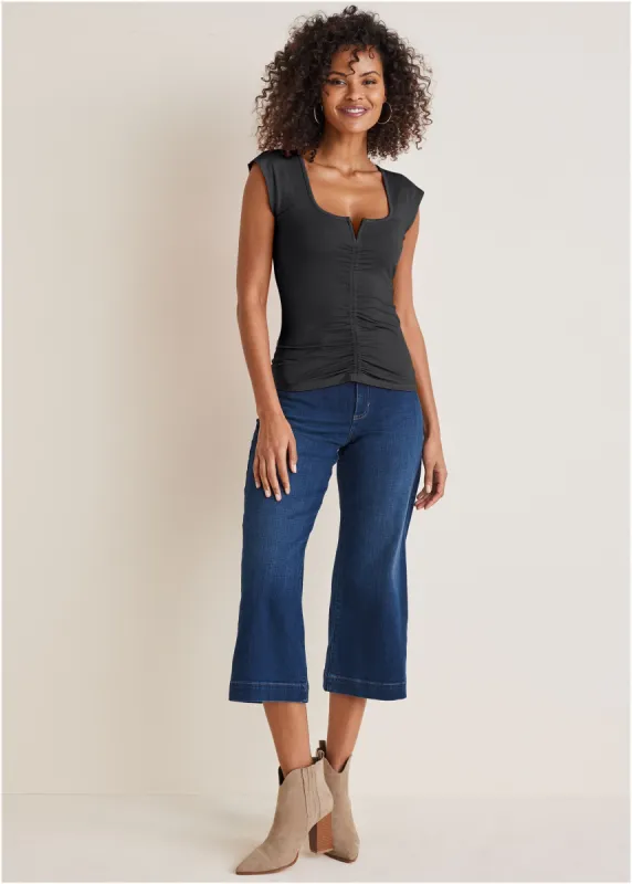 Ruched Cap Sleeve Top - Black sold by VENUS