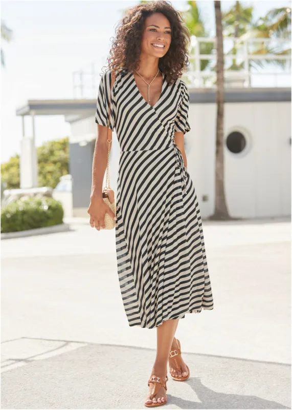 Faux Wrap Midi Dress - Black & White sold by VENUS
