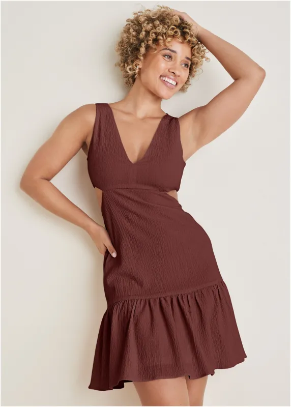 Fluted Satin Mini Dress - Auburn sold by VENUS