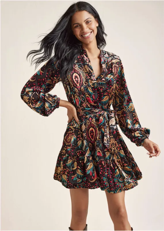 Burnout Velvet Mini Dress - Black Multi sold by VENUS
