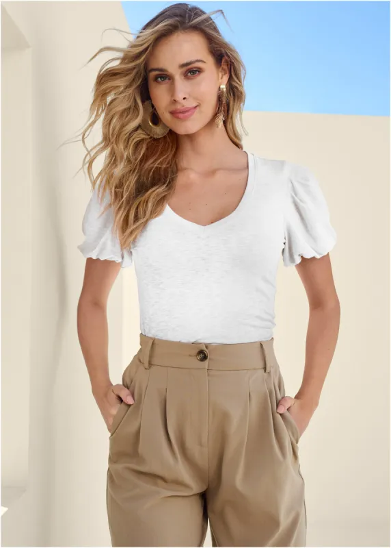 Puff Sleeve V-Neck Tee - White sold by VENUS