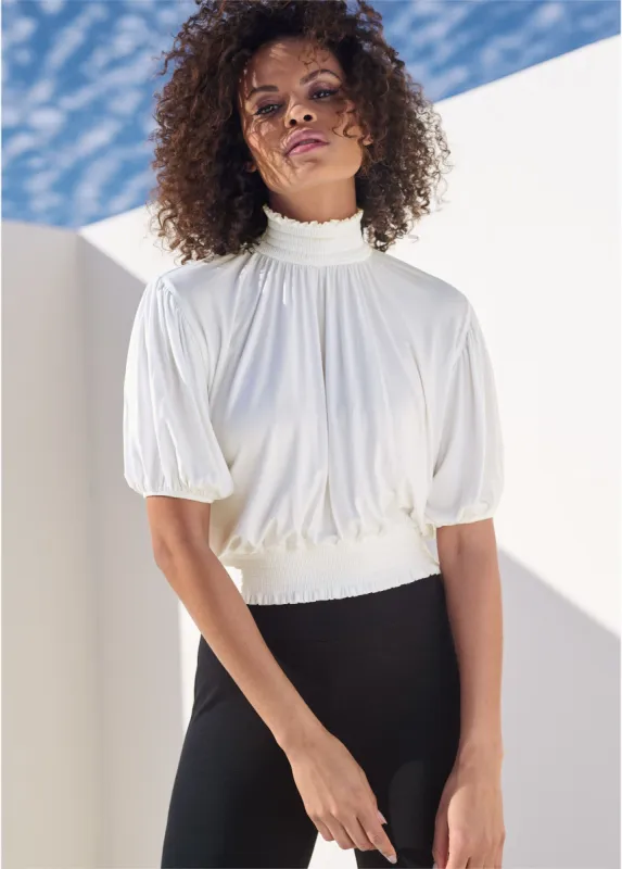 Smocked Mock-Neck Crop Top - Off White sold by VENUS
