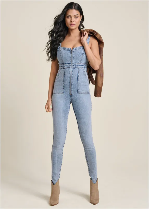 Zip-Front Denim Jumpsuit - Acid Wash sold by VENUS