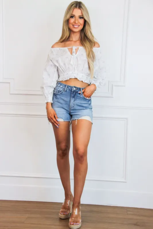 Love Shack Off Shoulder Floral Crop Top: White Multi sold by Bella and Bloom