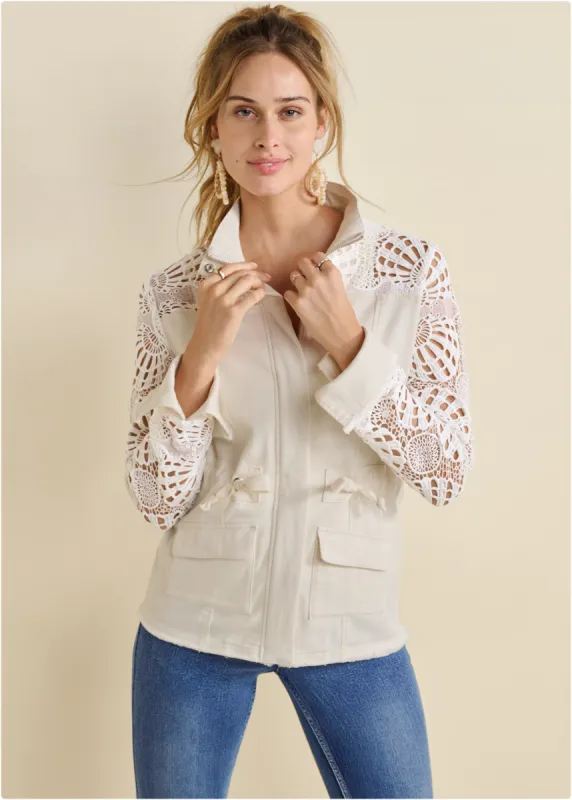Crochet Sleeve Utility Jacket  - Off White sold by VENUS