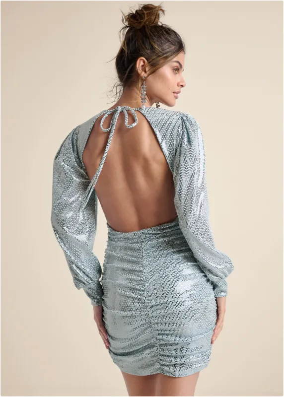 Open-Back Shimmer Dress  - Blue Metallic sold by VENUS