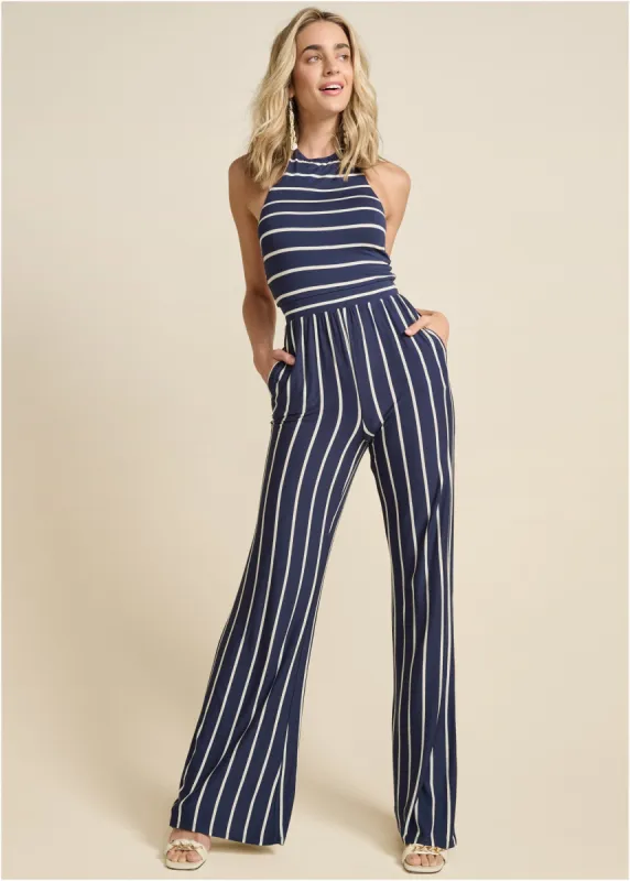 Striped Halter Jumpsuit  - Navy & White sold by VENUS