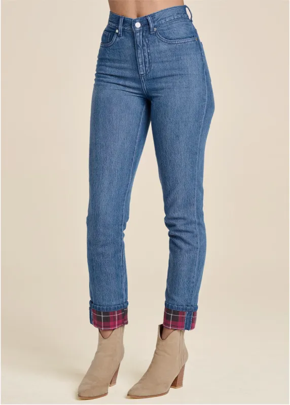 Plaid Cuff Straight Jeans - Denim Multi sold by VENUS