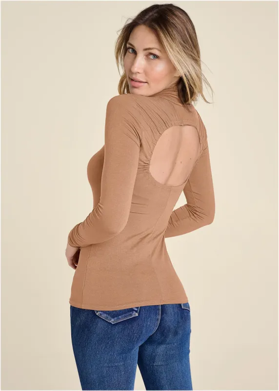 Back Cut-Out Casual Top - Camel sold by VENUS