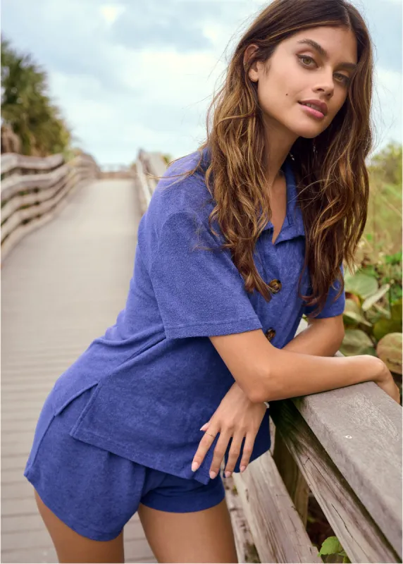 Terry Button-Up Cover-Up - Blue sold by VENUS