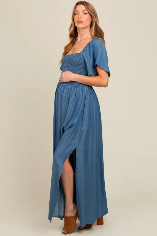 Blue Chambray Smocked Maternity Maxi Dress sold by Pinkblush