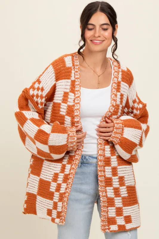 Rust Mixed Check Pattern Chunky Cardigan sold by Pinkblush