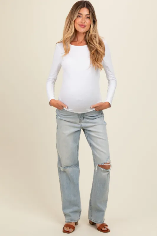 Light Blue Open Knee Relaxed Straight Leg Maternity Jeans sold by Pinkblush