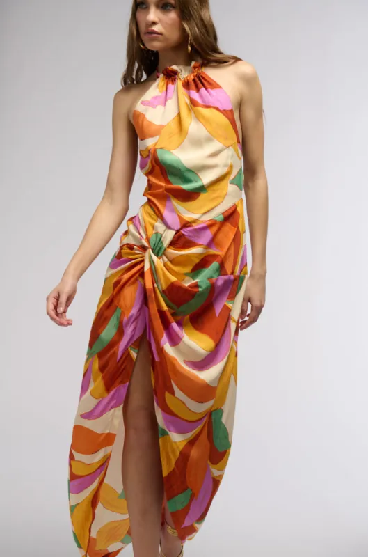 BOTANICAL BEAUTY PRINTED MIDI DRESS IN ORANGE MULTI sold by AKIRA