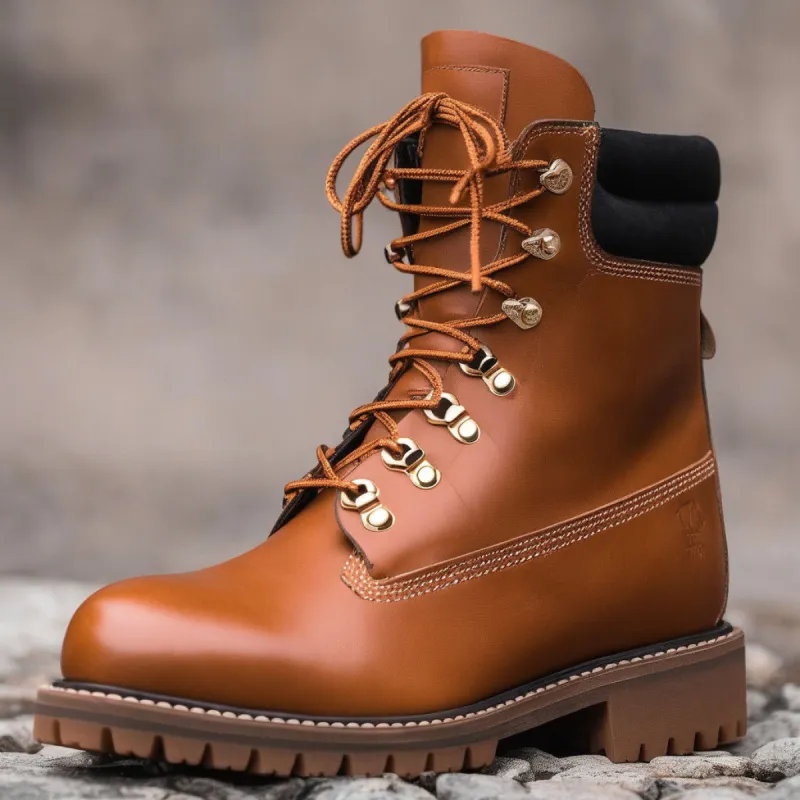 Tan Leather Abbraccio Mid Calf Rugged Lace Up Combat Hiking Boots with Chunky Track Sole sold by Costoso Italiano
