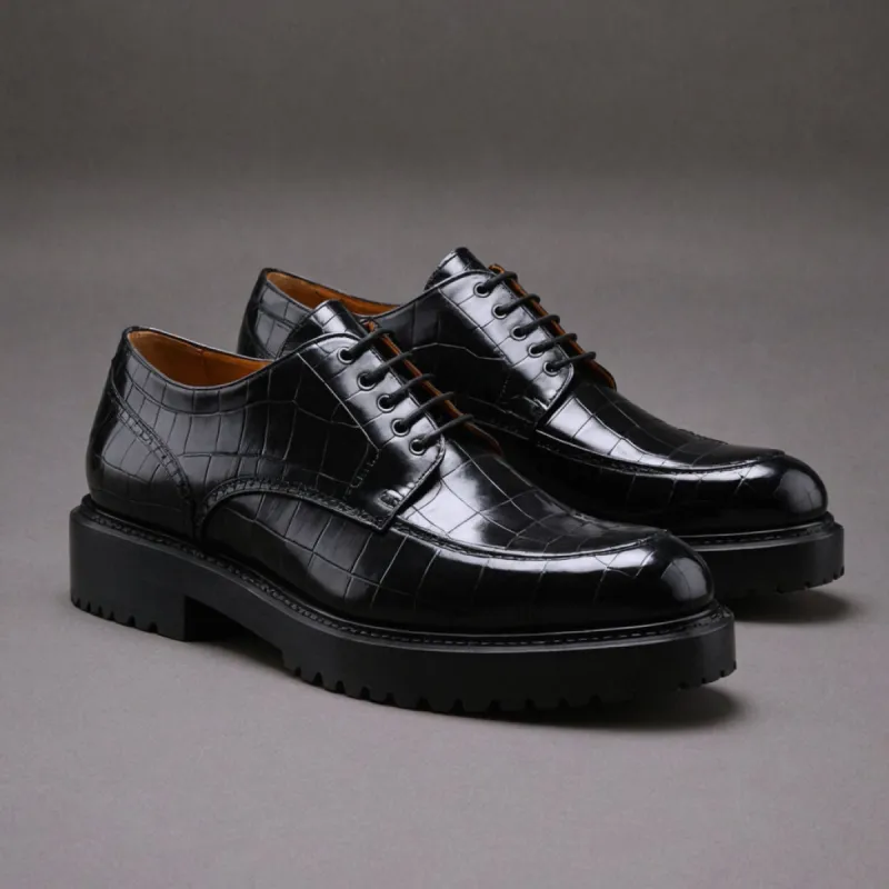 Black Croc Print Leather Orion Chunky Derby Shoes - SS23 sold by Costoso Italiano