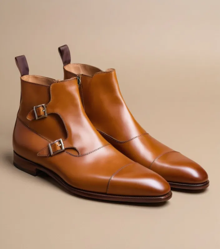 Tan Leather  Bordeaux Zipper Monk Strap Boots sold by Costoso Italiano