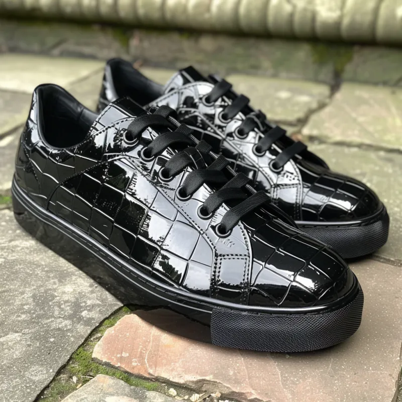 Black Croc Print Leather NiccolÃ² Lace Up Sneakers sold by Costoso Italiano