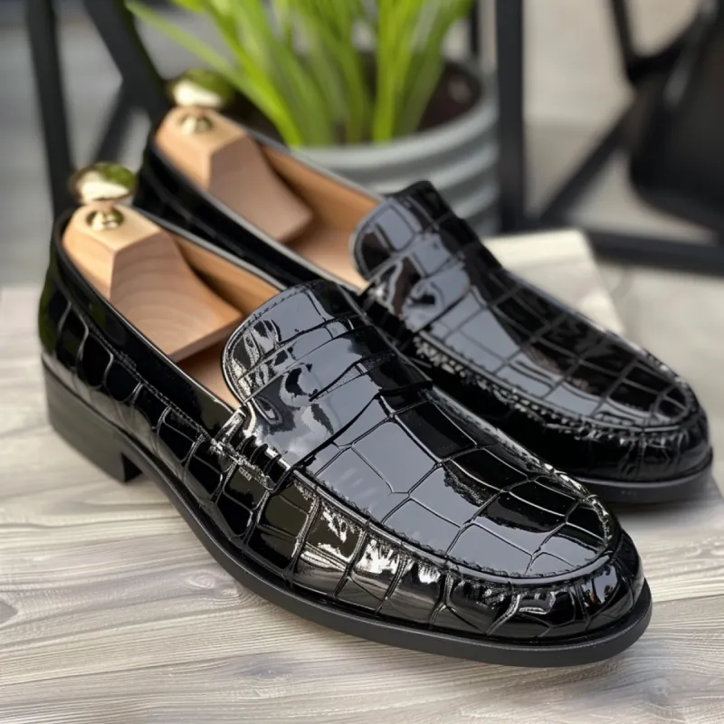 Black Croc Print Leather Ansano Loafers sold by Costoso Italiano