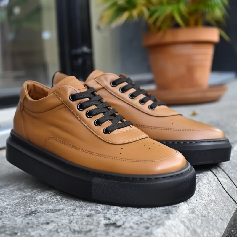 Tan Leather Dionigi With Thick Black Sole Sneakers sold by Costoso Italiano