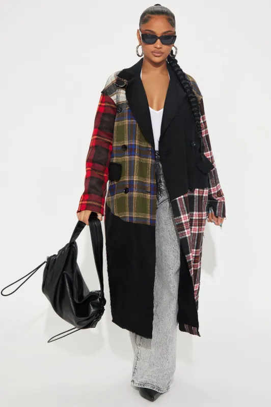 Make Up Your Mind Mix Media Trench - Black/combo sold by Fashion Nova