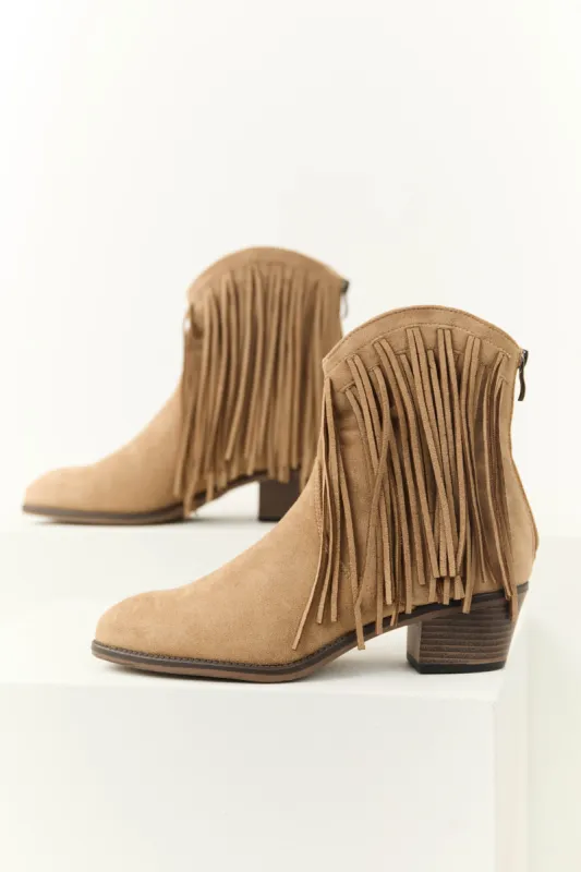 Latte Faux Suede Fringe Heeled Booties sold by Lime Lush