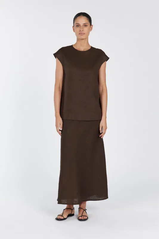 TYRA BITTER CHOC LINEN MIDI SKIRT sold by Dissh