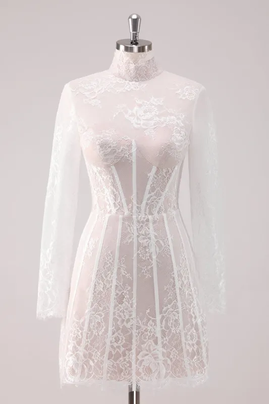 White Lace High Neck Corset Short Homecoming Dress with Long Sleeves sold by Zapaka