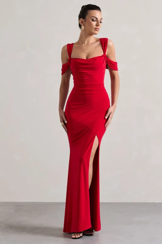 Amoura | Red Square-Neck Draped Wrap Maxi Dress sold by Club L London