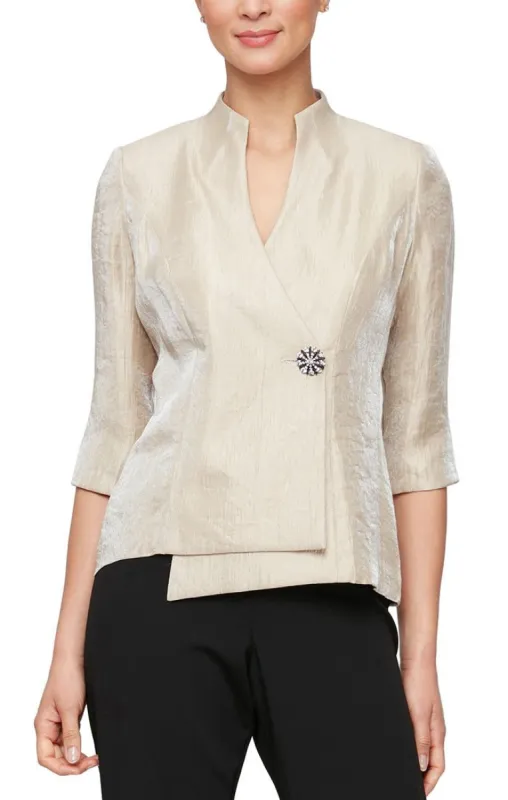 Petite 3/4 Sleeve Shimmer Satin Blouse with Asymmetric Overlay Hem and Embellished Closure sold by Alex Evenings