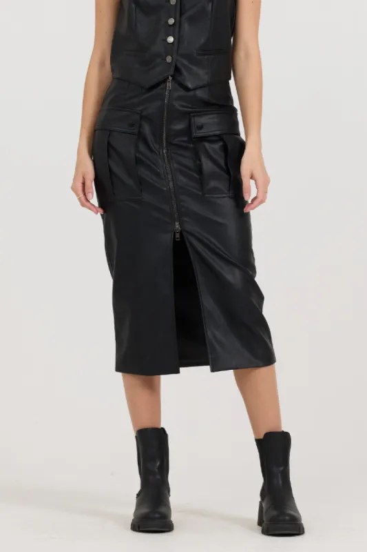 Black leather Zip Front Midi Skirt sold by Vintage Havana
