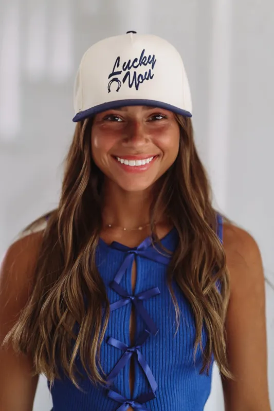 Lucky You Two Toned Snapback Hat - Beige and Navy sold by Hazel & Olive