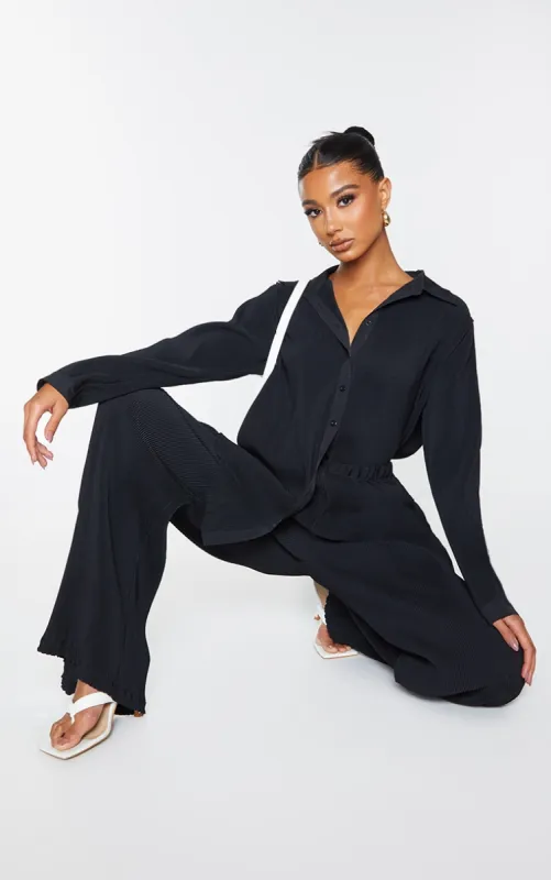 Black Plisse Button Front Oversized Shirt sold by Pretty Little Thing