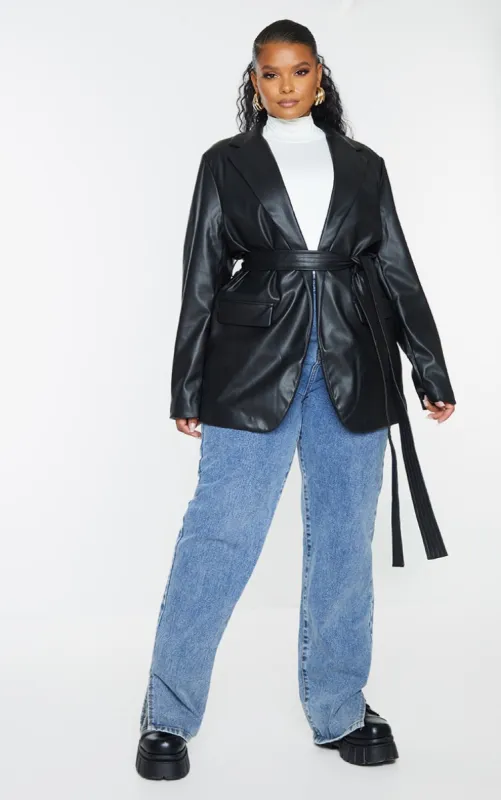 Plus Black Faux Leather Wrap Belted Blazer sold by Pretty Little Thing
