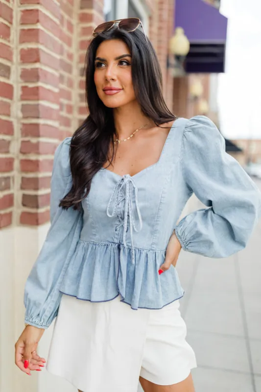 Up To Me Medium Wash Corset Front Chambray Blouse FINAL SALE sold by Pink Lily