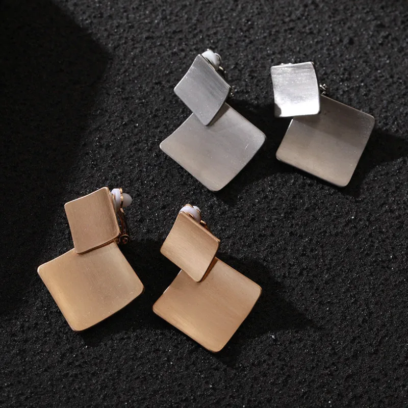 Simple square geometry alloy earrings Fashion light luxury all-in-one women's ear clips 720384731306 sold by Cocomelody