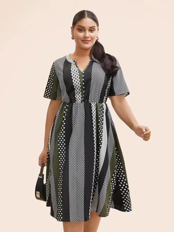 Notched Geometric Patchwork Contrast Midi Dress sold by Bloomchic