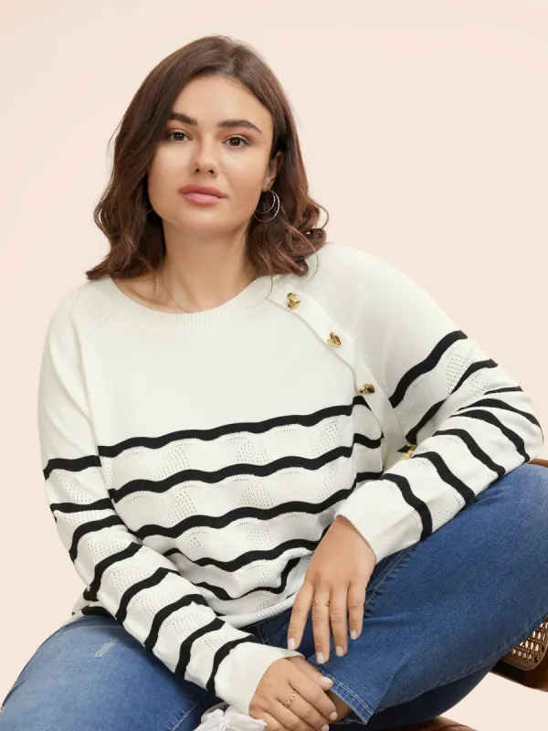 Striped Raglan Sleeve Button Detail Pullover sold by Bloomchic