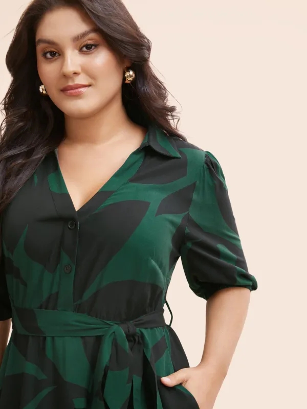 Plant Pocket Puff Sleeve Belt Ruffle Hem Button Up Dress sold by Bloomchic