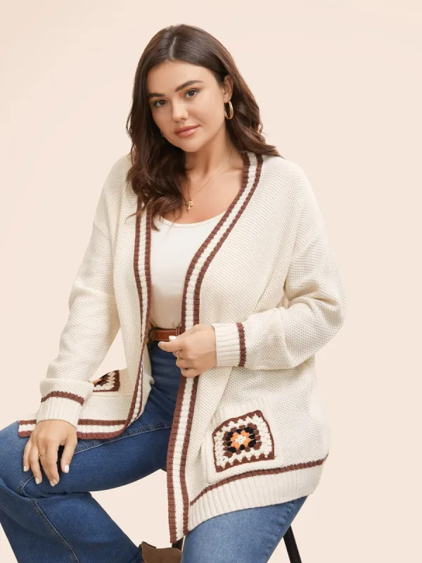 Crochet Floral Patch Pocket Drop Shoulder Cardigan sold by Bloomchic