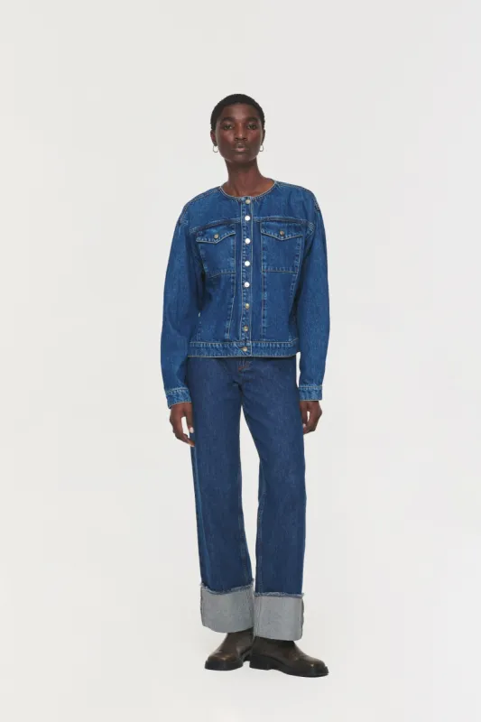 Moto Collarless Denim Jacket sold by Aligne