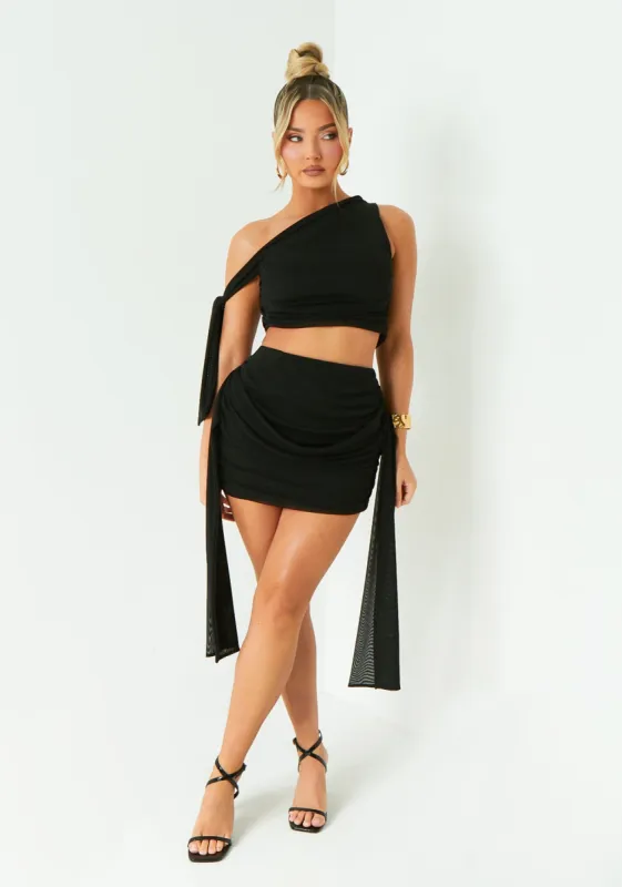 Diana Black One Shoulder Tie Detail Mesh Crop Top sold by Missy Empire