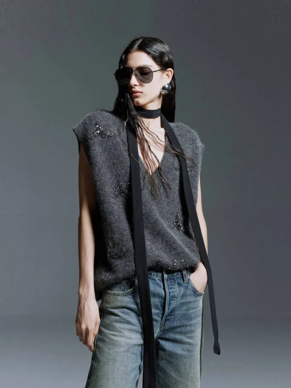 Crystal Decoration Knit Vest sold by Mo&Co