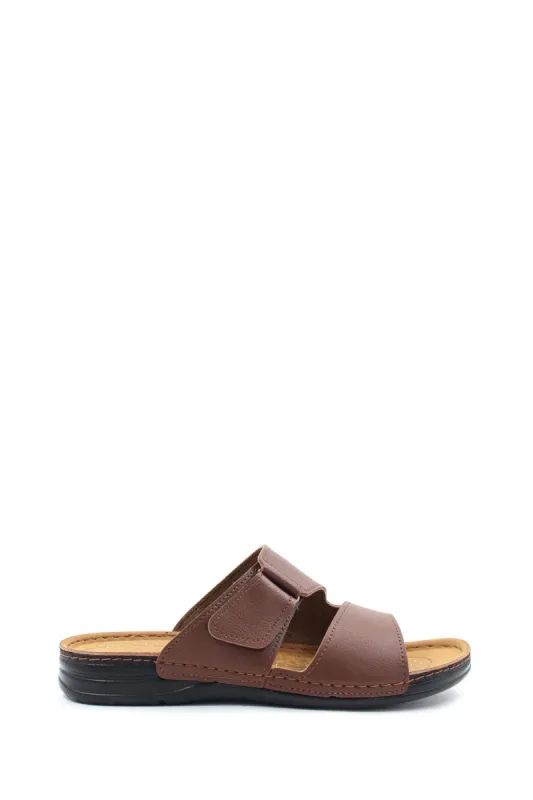 Men's Brown Leather Slide Sandals with Velcro Straps - Wessi sold by Wessi