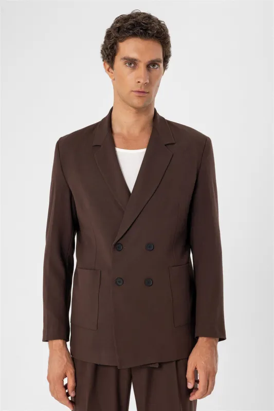 Men's Brown Double Breasted  Blazer Jacket with Bag Pocket - Wessi sold by Wessi